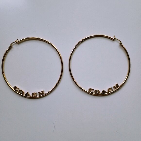 COACH-SIGNATURE LARGE GOLD HOOP EARRINGS W/DIAMOND STUD-3" - Picture 1 of 1